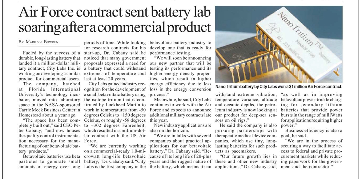 Air Force Contract Nanotritium Battery Newspaper Article