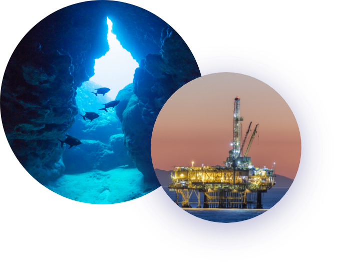 Ocean Cave and an Oil Rig in the Ocean