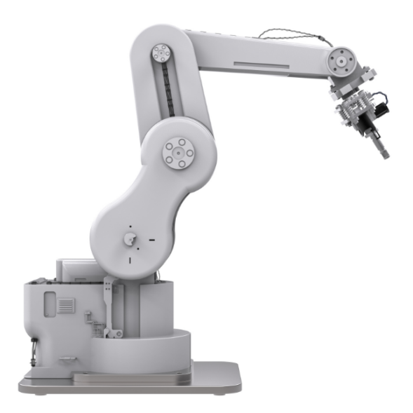 A robotic arm, displayed against a white backdrop, showcases advanced technology and precision.