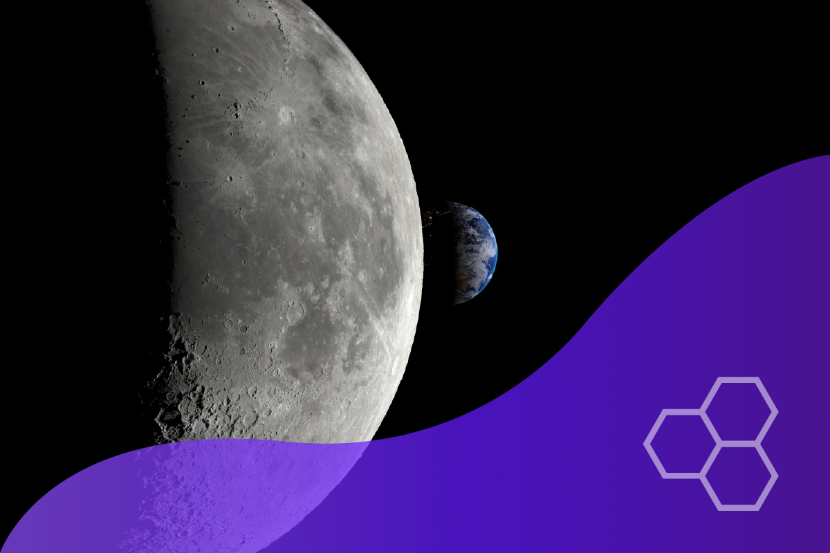 Moon with craters and city labs logo