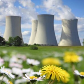 happy little nuclear stacks with green fields of flowers and blue sky