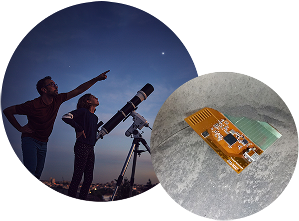 People looking at the stars, and a close up image of the autonomous microtechnology sensor and battery