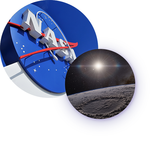 Two bubble images of Nasa logo and of space, and a dark moon crater.