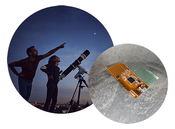 People looking at the stars, and a close up image of the autonomous microtechnology sensor and battery