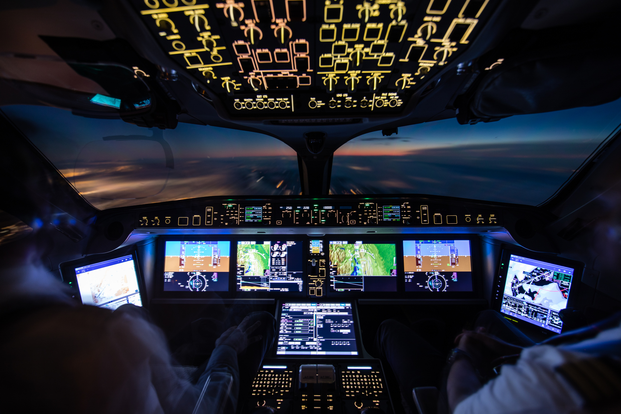 Cockpit view during blue hour, exploring vibration resistance in betavoltaic batteries